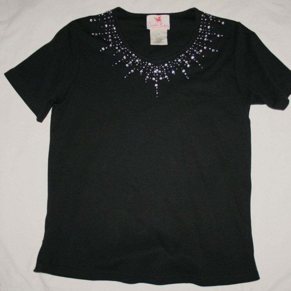 Quacker Factory Black Cotton T-Shirt with Beads & Crystals  X-Small